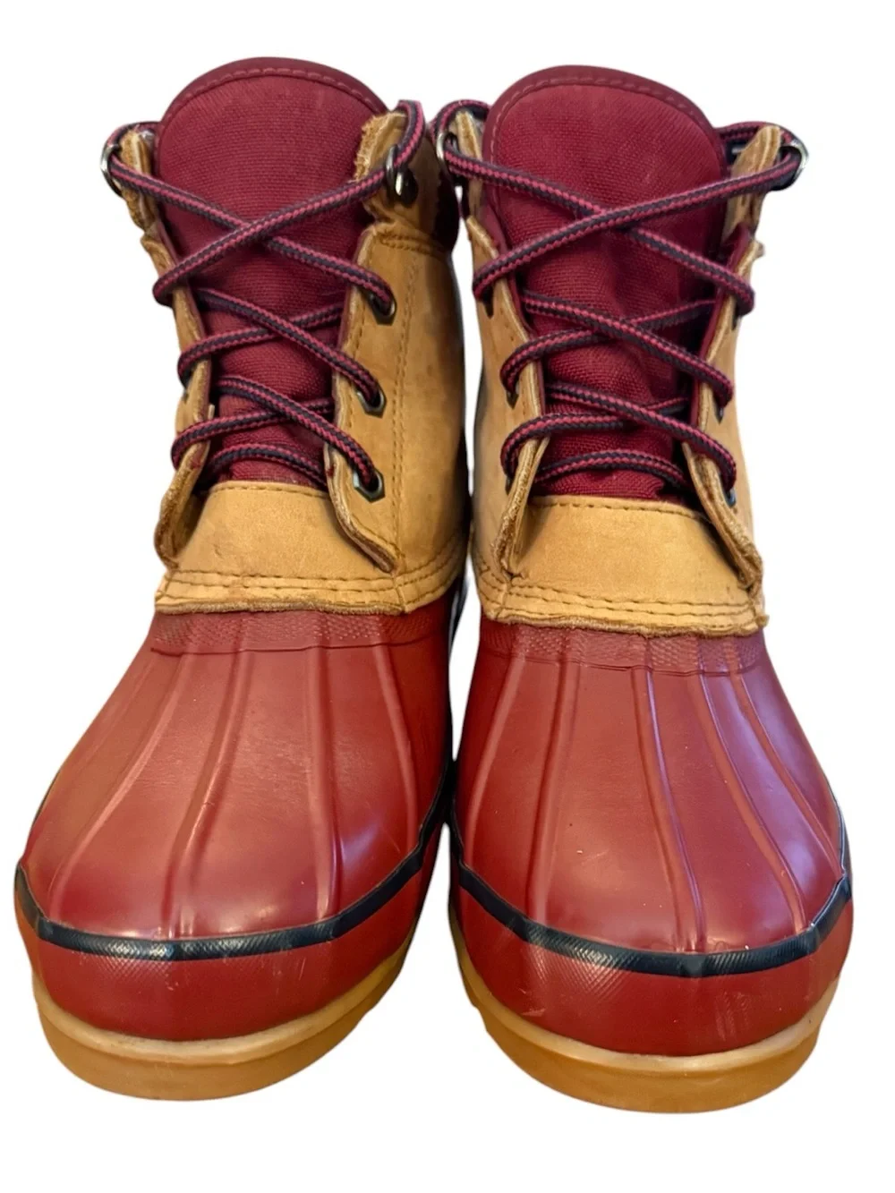 Lands' End Women's 9M Waterproof Duck Boots Burgundy Maroon Tan Leather Lace Up